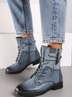 Niebieskie Botki Workery z Łączonych Materiałów z Ozdobnym Suwakiem Debiora