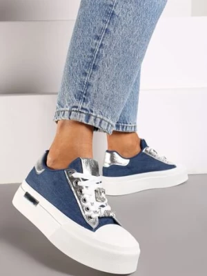 Niebieskie Casualowe Sneakersy na Platformie Ozdobione Cyrkoniami i Metalicznymi Wstawkami Primaria