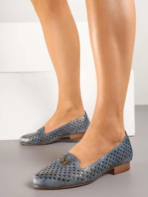 Niebieskie Czółenka Ażurowe z Ozdobnym Motylkiem i Skórzaną Wkładką Davialira m.daszynski