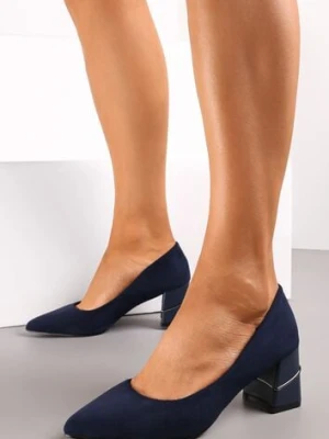 Niebieskie Czółenka z Ekozamszu na Słupku z Metaliczną Lamówką Amolna ballada