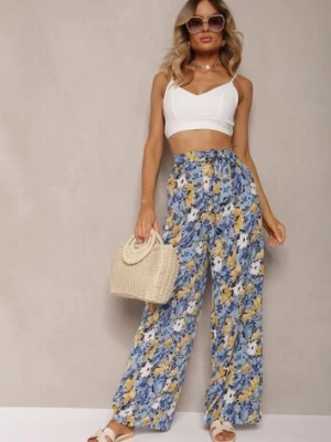 Niebieskie Długie Spodnie z Szerokimi Nogawkami oraz Kieszeniami i Materiałowym Paskiem Omina rosa