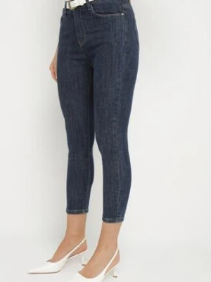 Granatowe Elastyczne Jeansy Skinny 3/4 z Bawełną Avenira