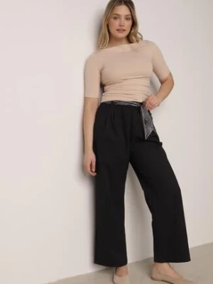 Niebieskie Eleganckie Spodnie z Bawełny i Wiskozy z Materiałowym Paskiem-Apaszką Vetina