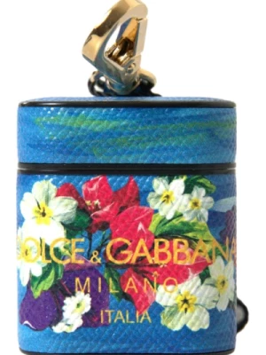 Niebieskie etui na Airpods z kwiatowym motywem skórzane Dolce & Gabbana