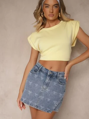 Niebieskie Jeansowe Spódnico-Szorty Zdobione Printem z Kokardkami Millesa hello miss