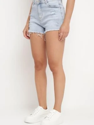 Niebieskie Jeansowe Szorty z Wysokim Stanem i Bawełną Ozdobione Aplikacją Serca Vikerra milas91