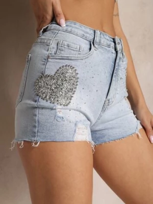 Niebieskie Jeansowe Szorty z Wysokim Stanem z Cyrkoniami i Dziurami Renpa daysie