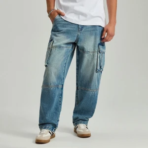 Niebieskie jeansy baggy wide leg z kieszeniami cargo House