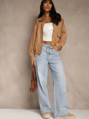 Niebieskie Jeansy High Waist o Szerokim Kroju z Przeszyciami i Imitacją Kieszeni Saliana