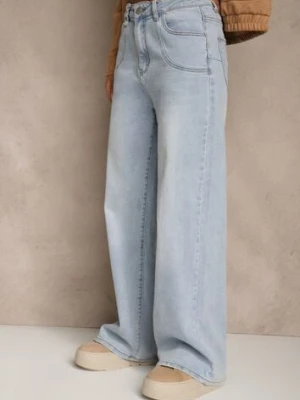 Niebieskie Jeansy High Waist o Szerokim Kroju z Przeszyciami i Imitacją Kieszeni Saliana