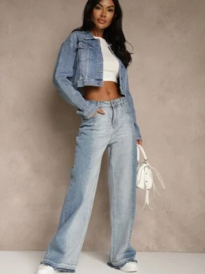 Niebieskie Jeansy High Waist Wide Leg w Dwóch Odcieniach Denimu Carilvienne
