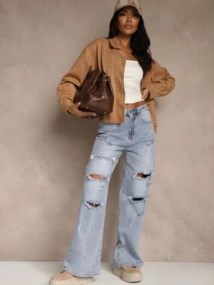 Niebieskie Jeansy High Waist Wide Leg z Ozdobnymi Przetarciami i Dziurami Elintyse