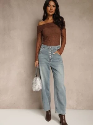 Niebieskie Jeansy High Waist z Bawełną o Kroju Mom Fit Efalina milas91