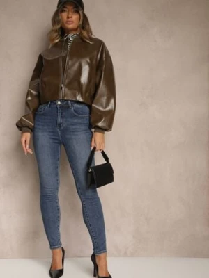 Granatowe Jeansy High Waist z Prostą Nogawką Ellinne