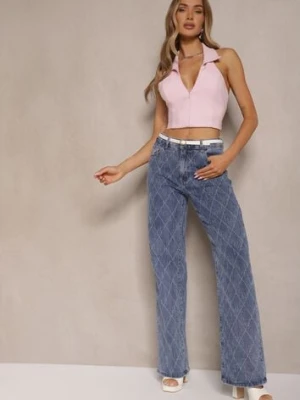 Niebieskie Jeansy High Waist z Szeroką Nogawką w Romby Carinell hello miss