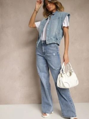 Niebieskie Jeansy High Waist z Szeroką Nogawką Zdobione Przetarciami Napinea