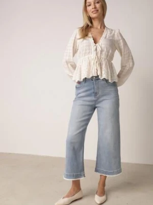 Niebieskie Jeansy Kuloty z Bawełną o Szerokim Kroju z Wysokim Stanem i Perełkami Kharope