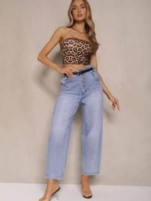 Niebieskie Jeansy Mom Fit High Waist Zapinane na Guziki Zeloiti