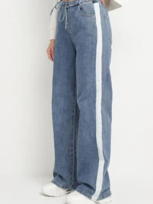 Niebieskie Jeansy o Szerokim Kroju z Gumką w Pasie i Lampasami Nusaria hello miss