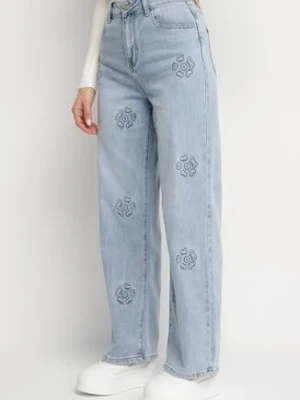 Niebieskie Jeansy o Szerokim Kroju z Wysokim Stanem i Printem w Kwiaty Neledia milas91