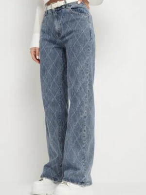 Niebieskie Jeansy o Szerokim Kroju z Wysokim Stanem Zdobione Wzorem w Romby Uvenelle hello miss
