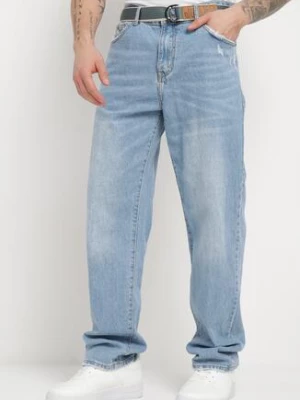 Niebieskie Jeansy Regular Bawełniane z Materiałowym Paskiem Hisperwa