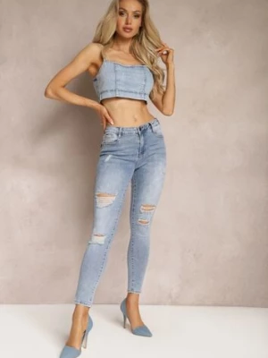 Niebieskie Jeansy Skinny Push Up Ozdobione Dziurami i Przetarciami Jellara