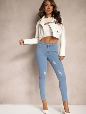Niebieskie Jeansy Skinny Wykończone Przetarciami i Dziurami Evilenn