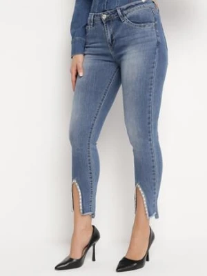 Niebieskie Jeansy Skinny z Koralikami i Rozcięciem na Dole Nogawek Olicema kiss pink