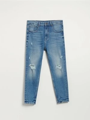 Niebieskie jeansy slim fit z efektem sprania i przetarciami House