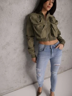 Niebieskie Jeansy Slim z Bawełny Ozdobione Przetarciami Vikiania