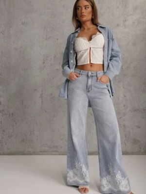 Niebieskie Jeansy Szerokie w Styku Boho z Ozdobnym Nadrukiem na Nogawkach Endippe