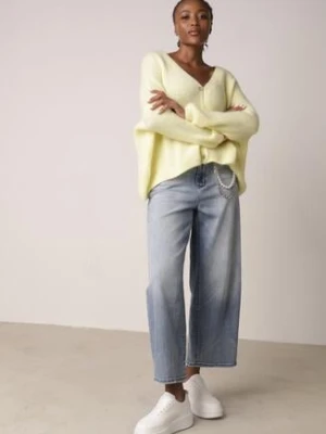 Niebieskie Jeansy Szerokie Wysoki Stan z Bawełną i Ozdobnym Łańcuchem Antiolea