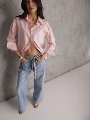 Niebieskie Jeansy Szerokie z Bawełną High Waist Ozdobione Wiązanym Sznurkiem Neviolla milas91