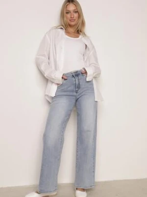 Niebieskie Jeansy Szerokie z Wysokim Stanem Ozdobione Przeszyciami Aikaea