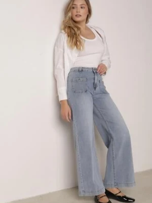 Niebieskie Jeansy Szerokie z Wysokim Stanem z Ozdobnymi Kieszonkami Phinis