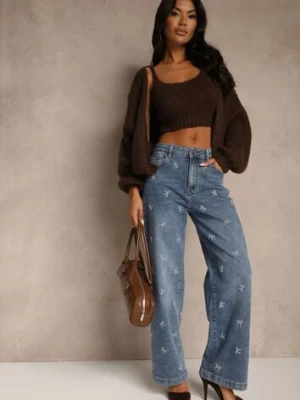 Niebieskie Jeansy Wide Leg High Waist z Haftem w Kształcie Kokardek Salimessa milas91
