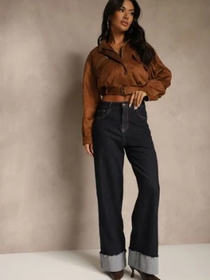 Granatowe Jeansy Wide Leg z Ozdobnie Podwiniętymi Nogawkami Zenesea milas91