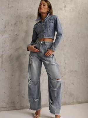 Niebieskie Jeansy z Bawełny Balloon High Waist z Przedarciami Taeryre