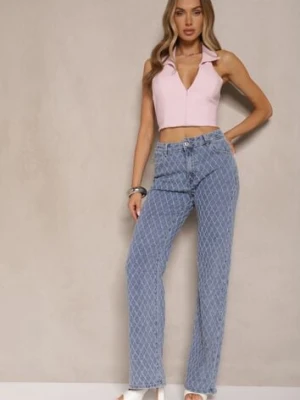 Niebieskie Jeansy z Bawełny High Waist o Szerokim Kroju w Romby Tuvielle