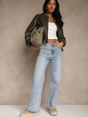 Niebieskie Jeansy z Bawełny o Szerokim Kroju High Waist Ozdobione Przetarciami Feless