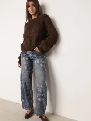Niebieskie Jeansy z Bawełny w Stylu Slouchy z Ozdobnym Kwiatowym Wzorem Abelina Milas91