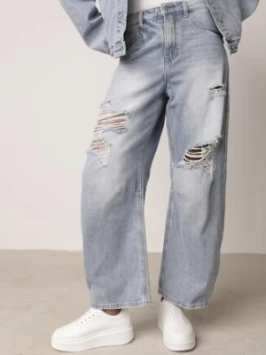 Niebieskie Jeansy z Bawełny z Wiskozą o Kroju Ballloon z Wysokim Stanem i Dziurami Mon milas91