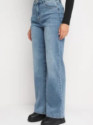 Niebieskie Jeansy z Dodatkiem Bawełny o Szerokich Nogawkach z Wysokim Stanem Navian