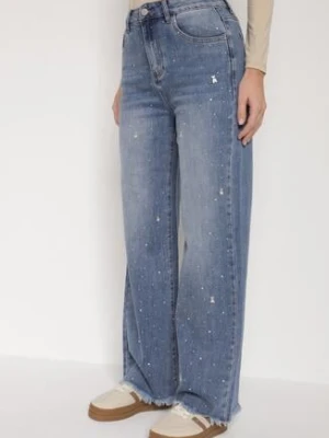 Niebieskie Jeansy z Szerokimi Nogawkami i Wysokim Stanem Zdobione Cyrkoniami Felira