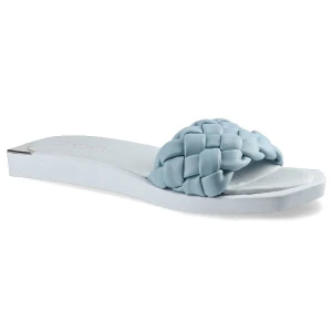 Klapki damskie Chebello, naturalna skóra licowa z szerokim plecionym paskiem wsuwaną konstrukcją oraz płaską podeszwą, niebieskie, 2609-366-PSK