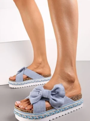 Niebieskie Klapki z Kokardką z Tkaniny i Dekoracyjną Platformą Inaile