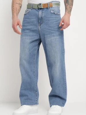 Niebieskie Klasyczne Jeansy z Przetarciami i Materiałowym Paskiem Ramalua