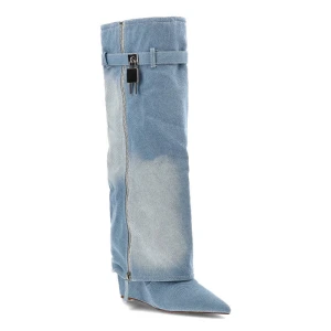 Niebieskie Kozaki Gallevani Jeansowe Obuwie Damskie