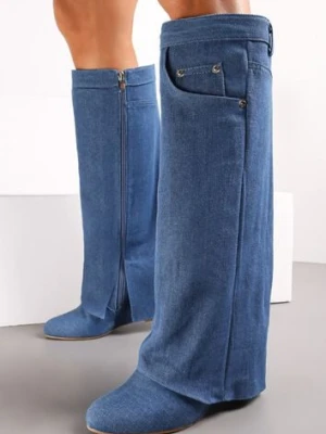 Niebieskie Kozaki z Wywiniętą Cholewką na Koturnie Maranele